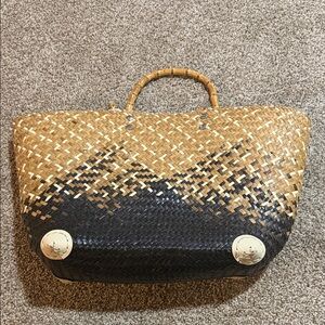 Purchased in Thailand, handmade Woven Straw Tote Bag in Natural and Black